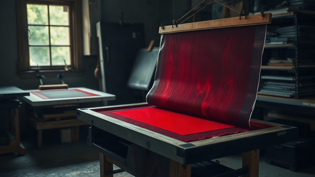 Screen printing workshop with red ink and mesh frames
